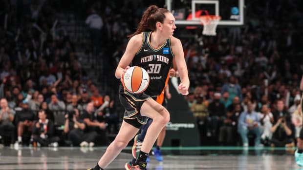 New York Liberty forward Breanna Stewart dribbles the basketball.
